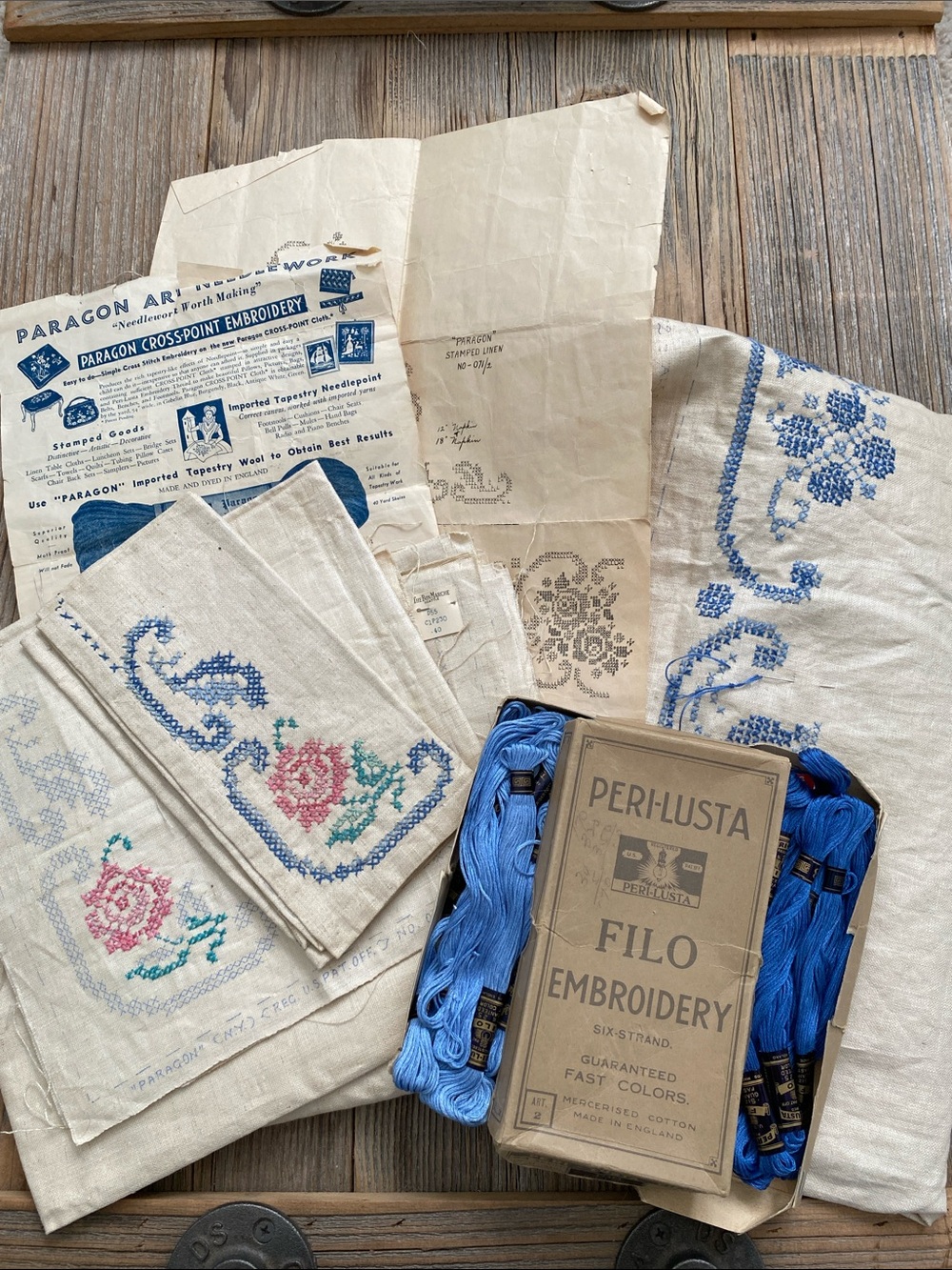 Vintage Paragon Cross-Point Embroidery Kit. Tablecloth w/8 Napkins. Unfinished.
